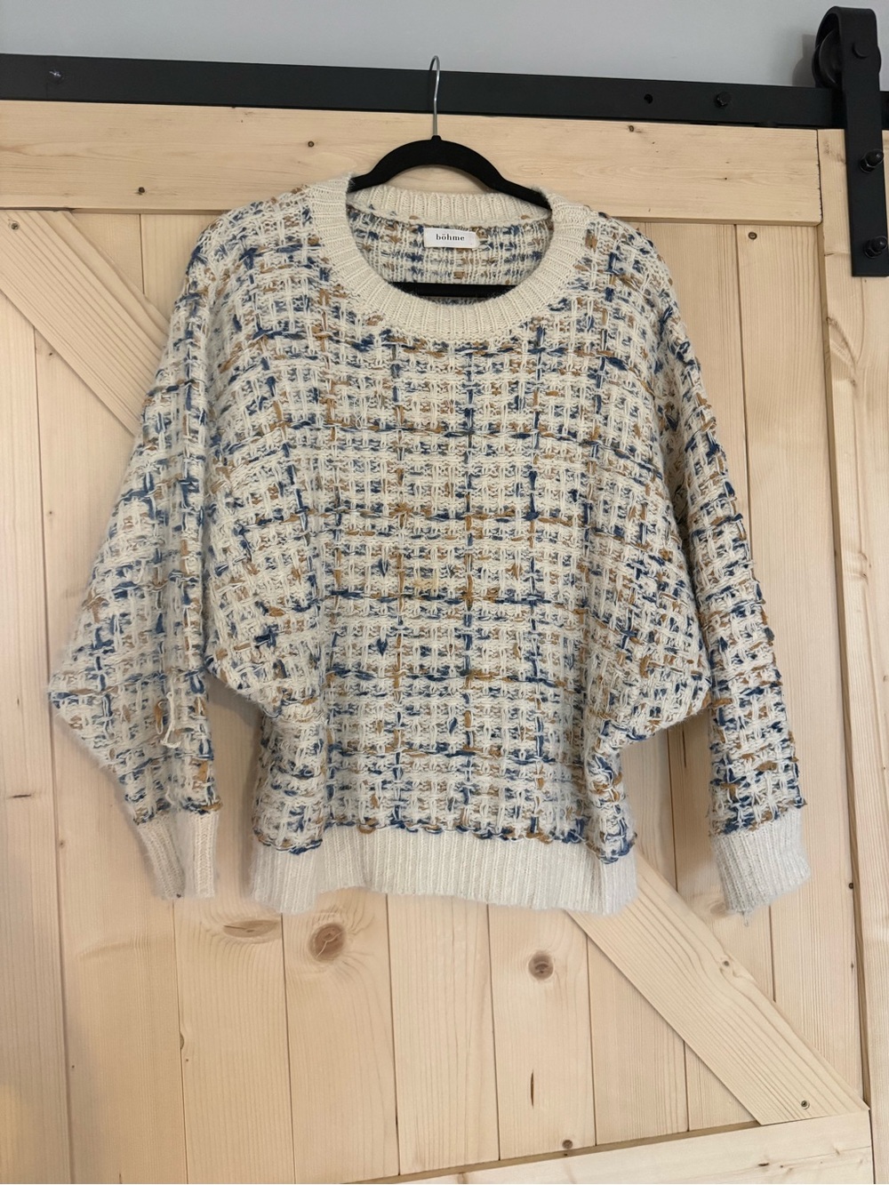 bohme Textured Crewneck Sweater in Cream, Blue & Tan